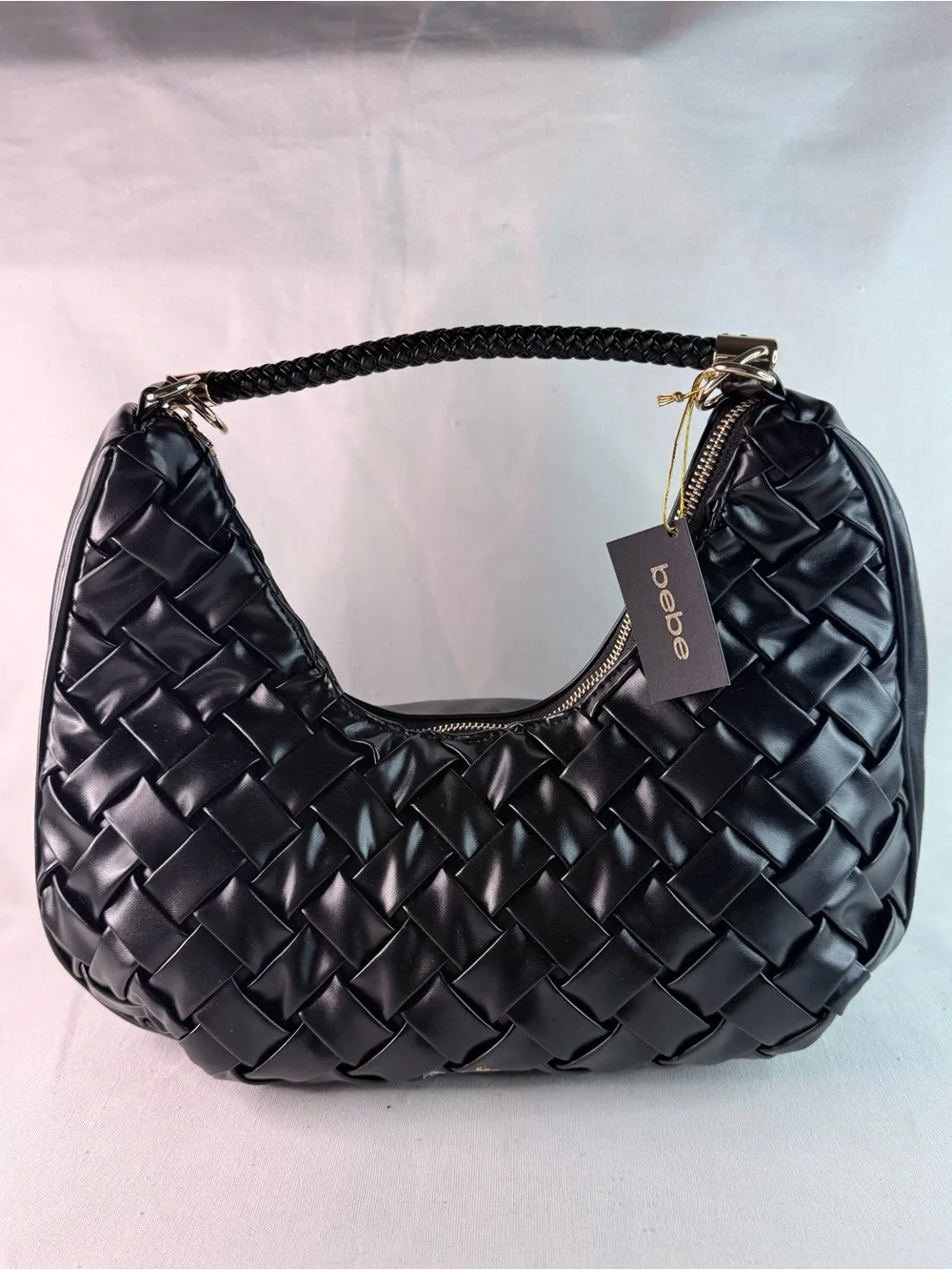 bebe Black Woven Hobo Shoulder Bag with Braided Handle
